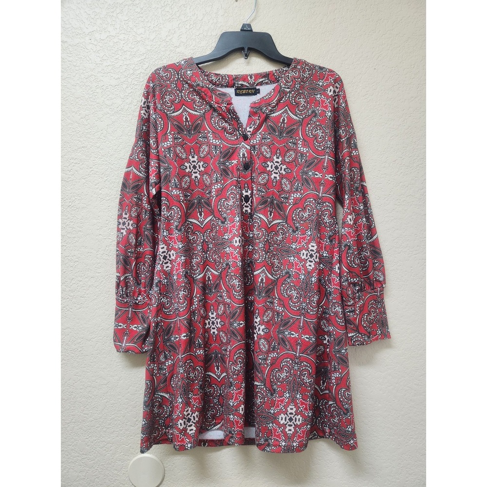 REBORN Tunic Dress Womens L Red Black Boho Casual Long Sleeve Paisley Mini
